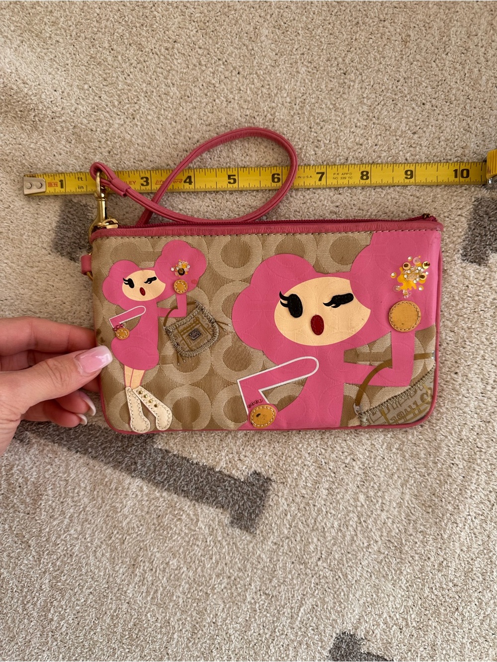 Coach Pink and Tan Signature Canvas Wristlet with Character Appliqués